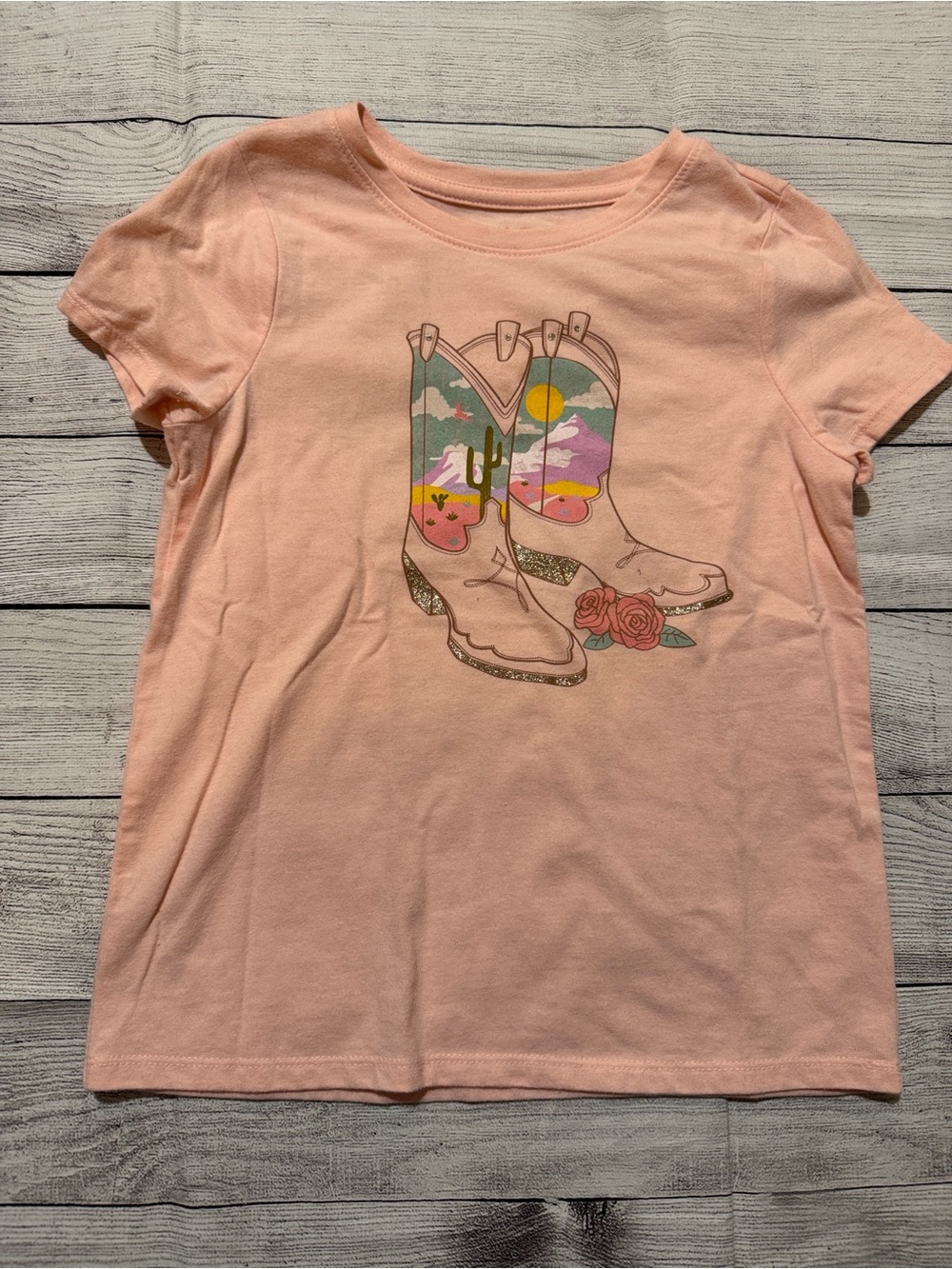 Cat & Jack Peach Western Boot Short Sleeve Shirt size Small